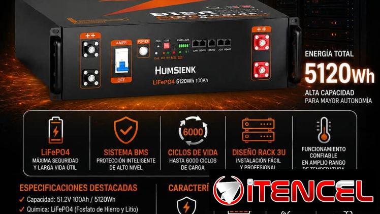 ⚡Batería Inteligente Eco - Humsienk 51.2V x 100Ah 🔋 5.12 kWh Capacidad LiFePO4 ✅ Tecnología LiFePO4 ✅ BMS Integrado