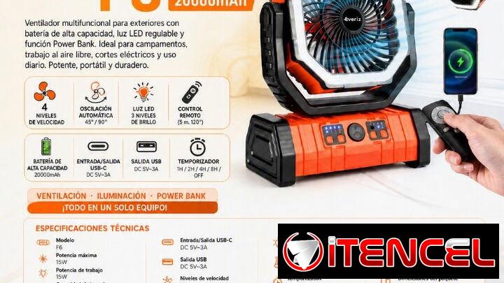 VENTILADOR RECARGABLE PORTÁTIL F6 CON LUZ LED 20000mAh