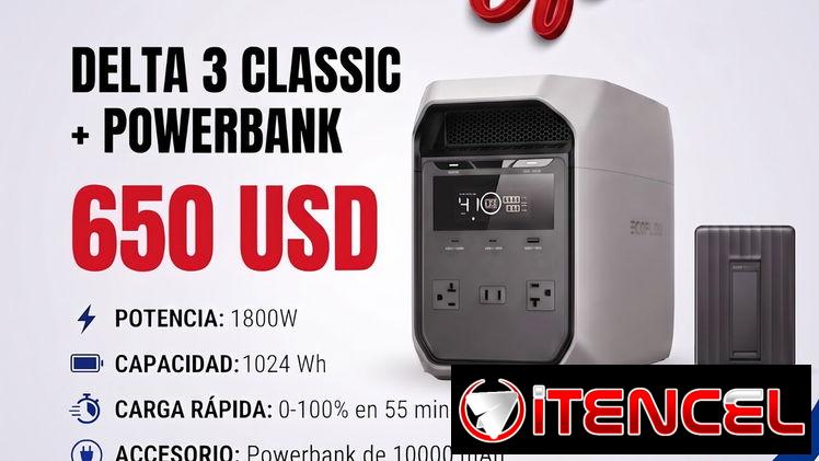 ‼⚡OFERTA⚡‼DELTA 3 CLASSIC + POWERBANK DE 10000 mAh . Potencia 1800 W , Capacidad 1024 Wh , Carga Rapida 0% a 100% en 55