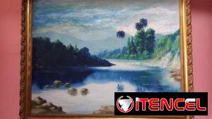 Vendo antigüedades. Cuadro de Oleo sobre lienzo y Mesa redonda torneada.