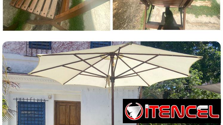 Madera Mesa exterior +10 sillas + sombrilla