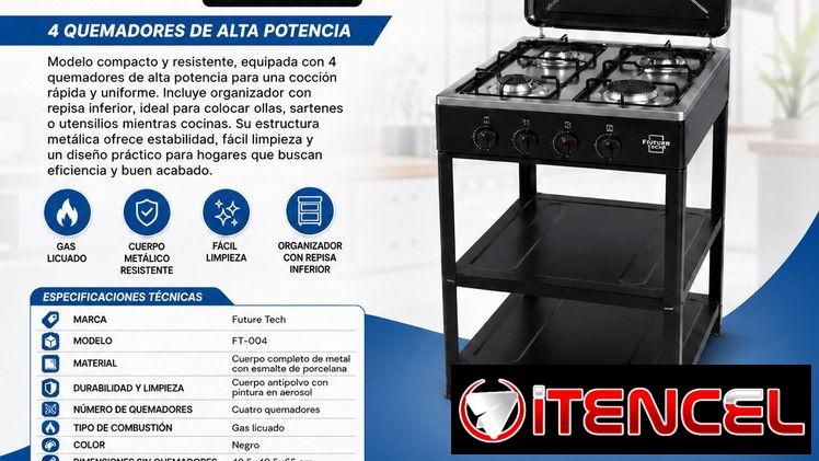 COCINA 4 HORNILLAS DE GAS Y ESTANTE . Fogón FUTURE TECH DE 4 QUEMADORES