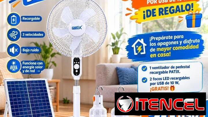 VENTILADOR DE PEDESTAL RECARGABLE PATIX + 2 FOCOS LED RECARGABLES POR USB DE 10 W