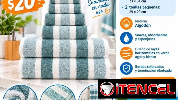 JUEGO DE 6 TOALLAS DE ALGODÓN – 20 USD 🛁  ✨c