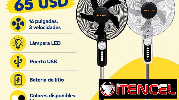 Ventilador recargable marca Milexus con batería de litio, lámpara led y puerto USB