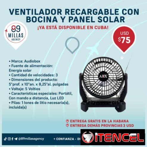 Ventilador recargable con bocina y panel solar