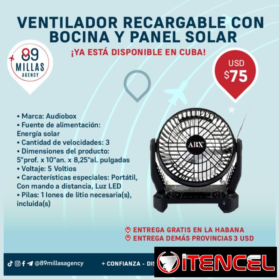 Ventilador recargable con bocina y panel solar