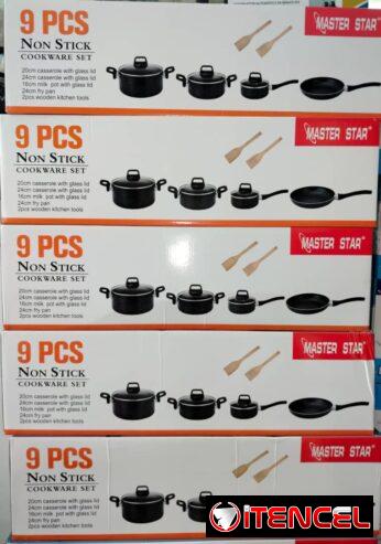 *Set de 9 piezas de cocina* * Cacerola de 20 cm con tapa de cristal * Cacerola de 24 cm con tapa de cristal * Olla para leche de 1
