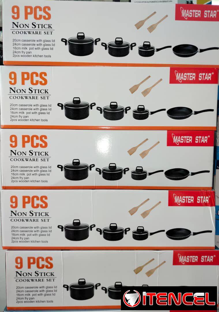 *Set de 9 piezas de cocina* * Cacerola de 20 cm con tapa de cristal * Cacerola de 24 cm con tapa de cristal * Olla para leche de 1