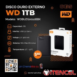💾 $60 💾 EXTERNO WD ELEMENTS 1TB USB 3.0. NUEVOS Y SELLADOS EN CAJA. TLF 54833699