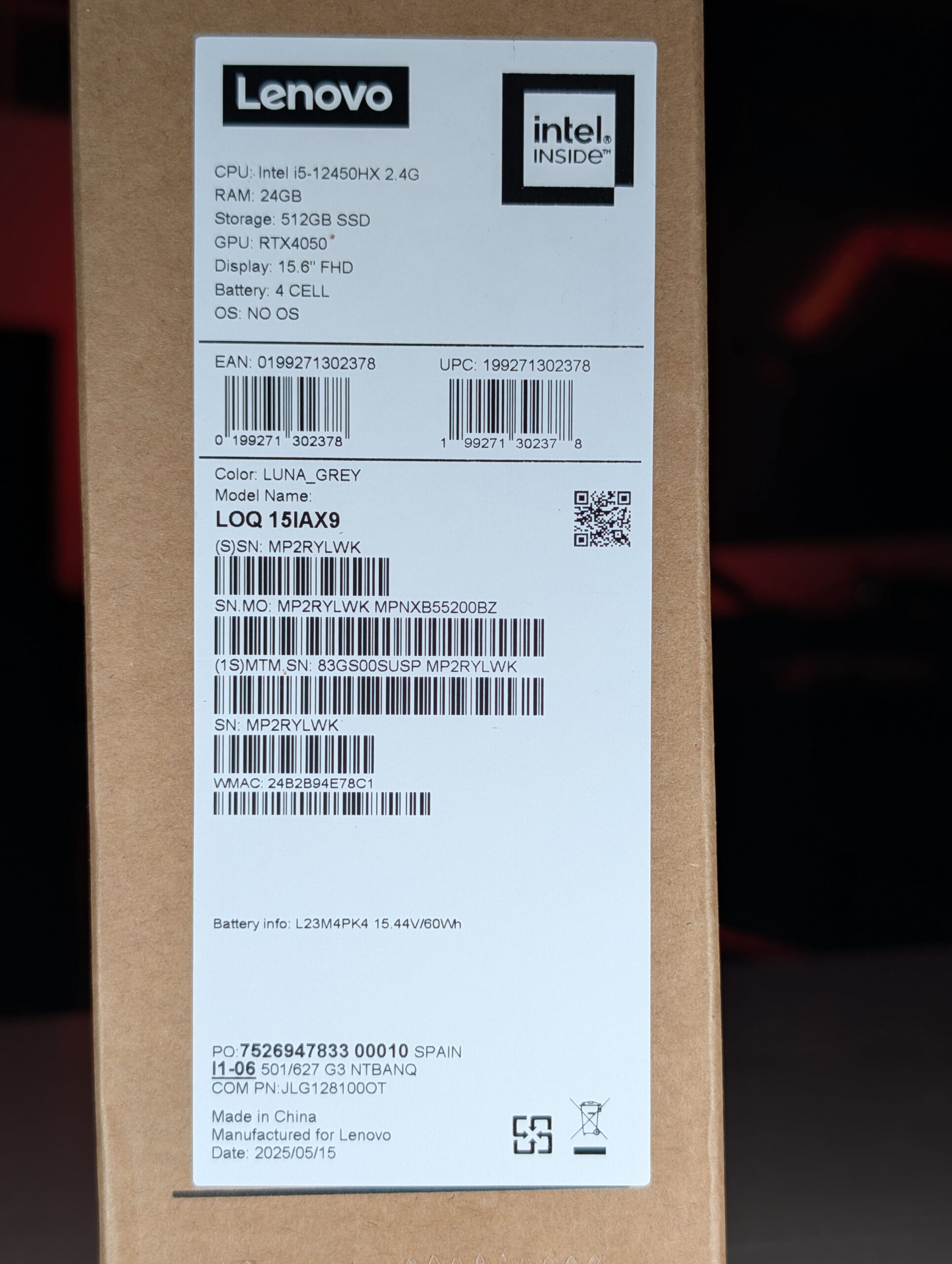 Lapto/Portatil Lenovo RTX 4050 24GB RAM- 512GB SSD i5-12na