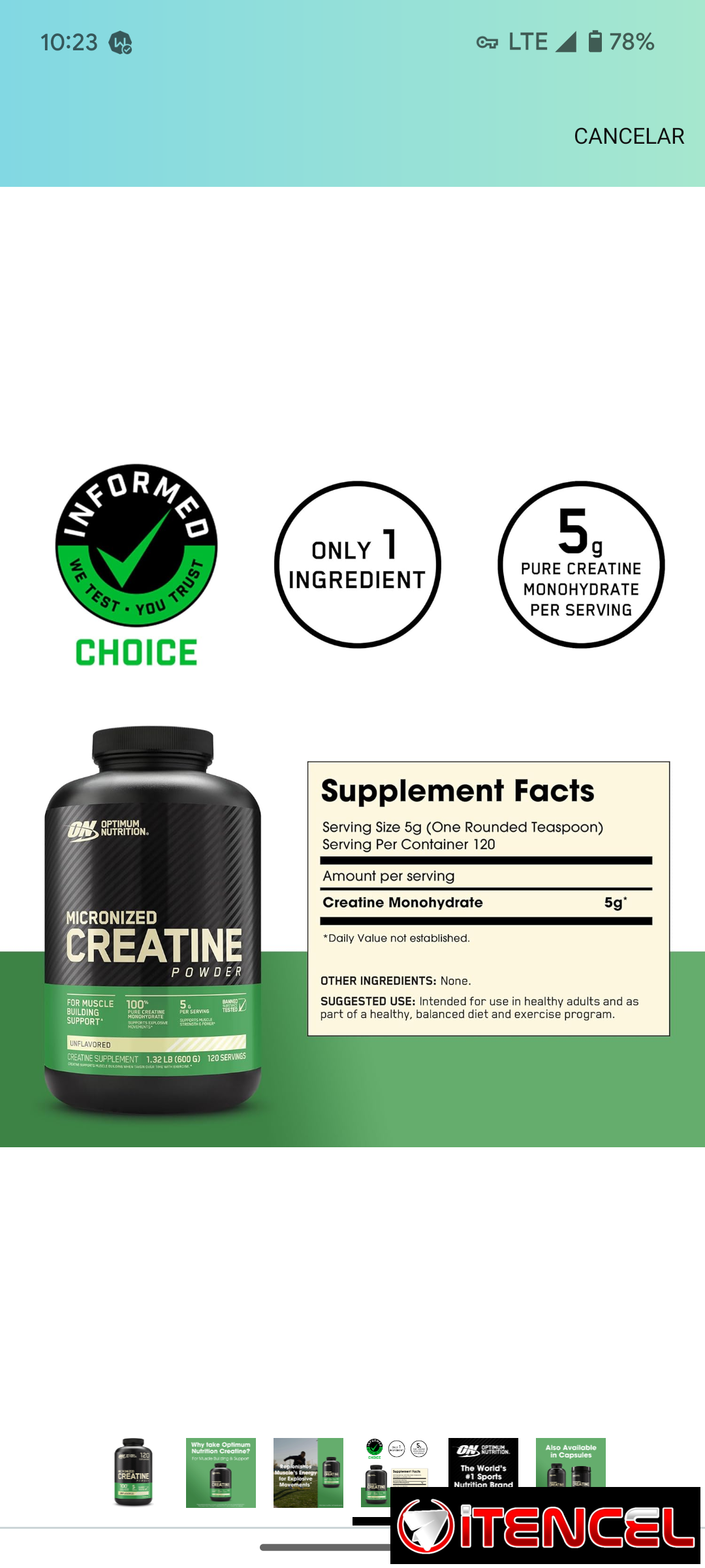 Creatina Optimum Nutrition de 120 servicios