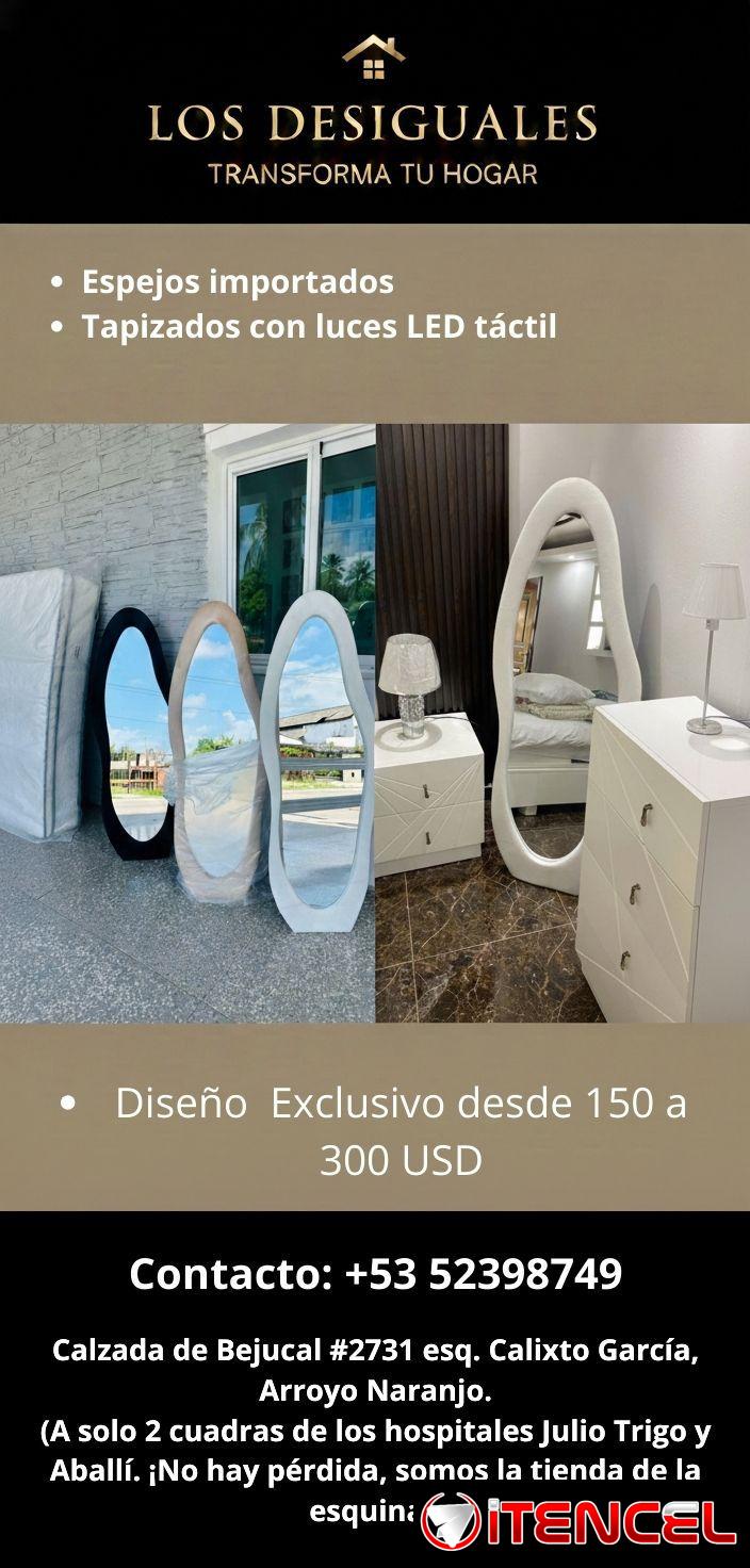 Espejos tapizados con luces led táctiles. Diseño de interiores.