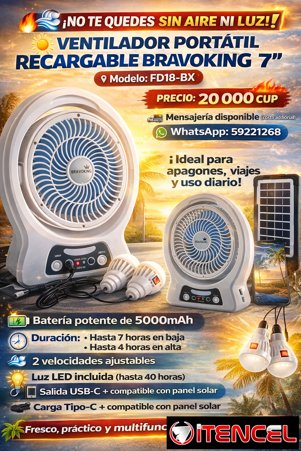 VENTILADOR PORTÁTIL RECARGABLE BRAVOKING DE 7 PULGADAS, MODELO FD18-BX