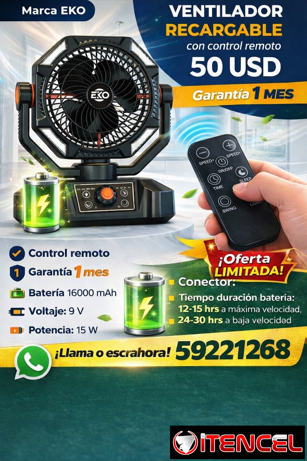 🔋🌬️ ¡VENTILADOR RECARGABLE EKO CON CONTROL REMOTO! 🌬️🔋