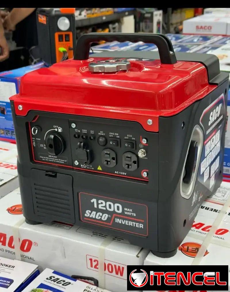 Generador eléctrico silencioso portátil inversor a gasolina marca SACO modelo de 1200W.