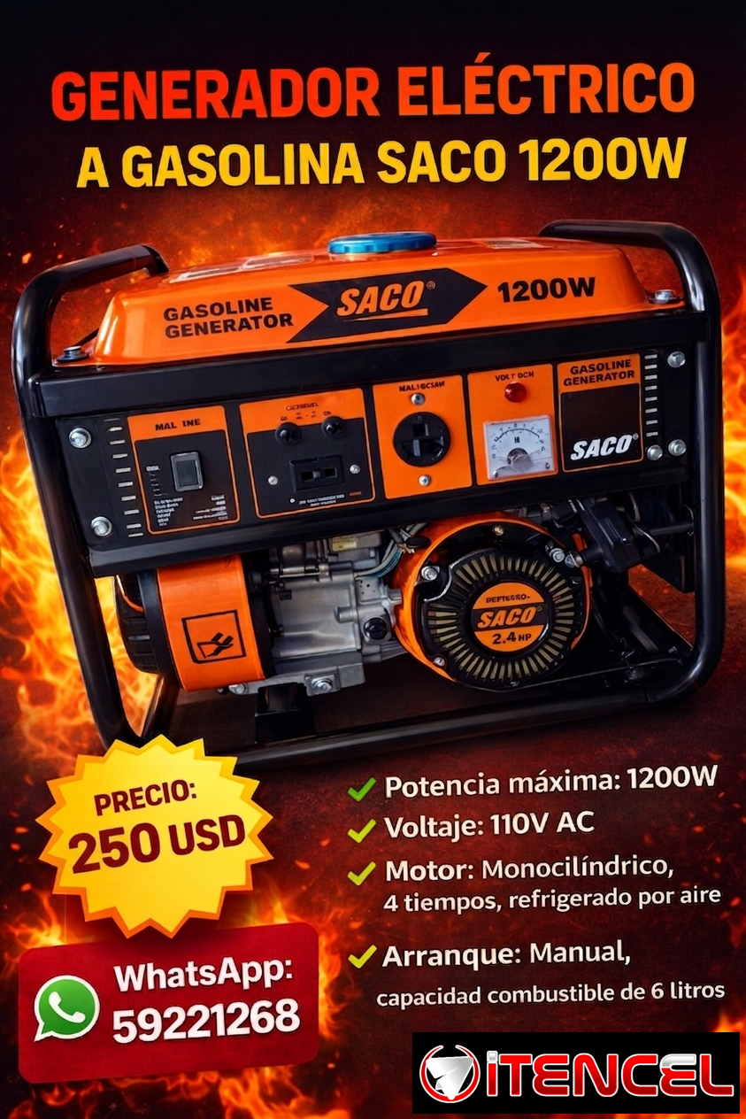 *Generador eléctrico a gasolina Saco de 1200W*