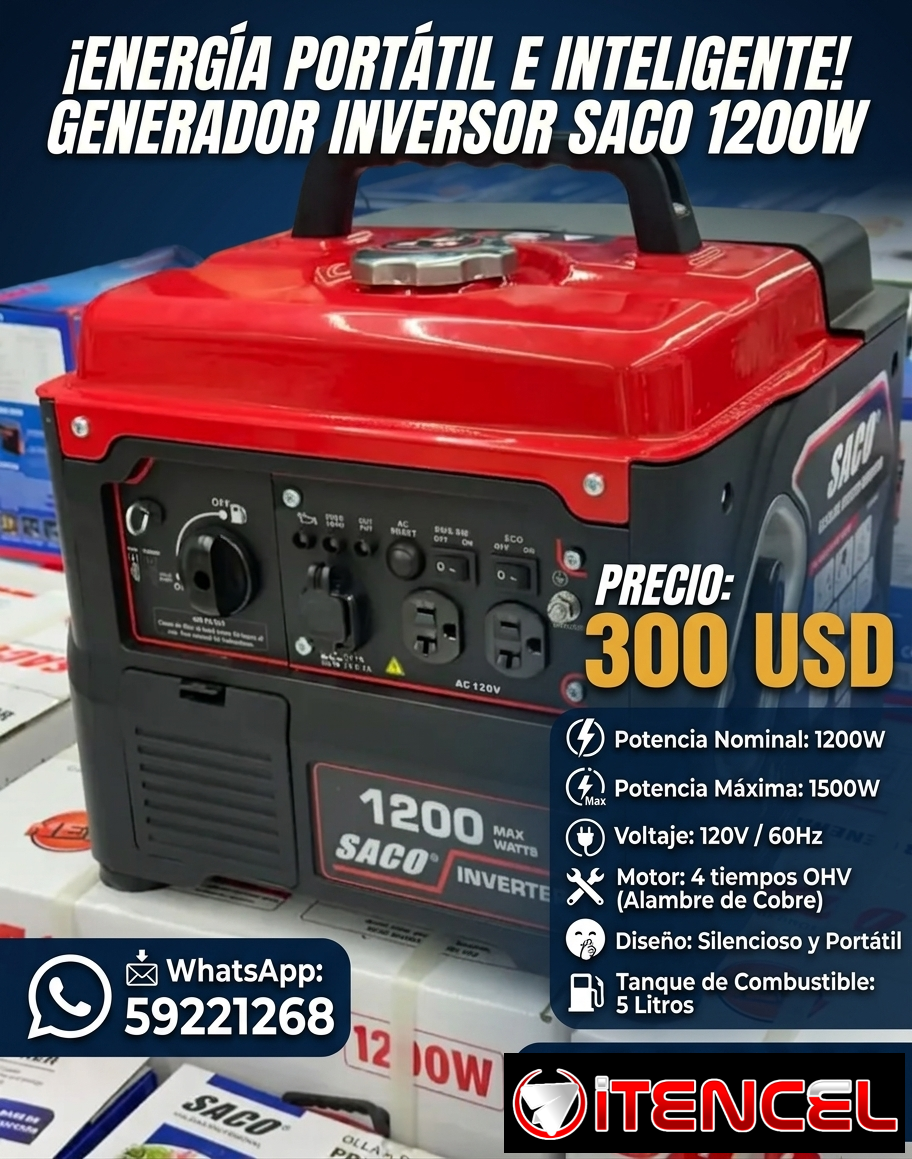 Generador eléctrico silencioso portátil inversor a gasolina marca SACO modelo de 1200W.