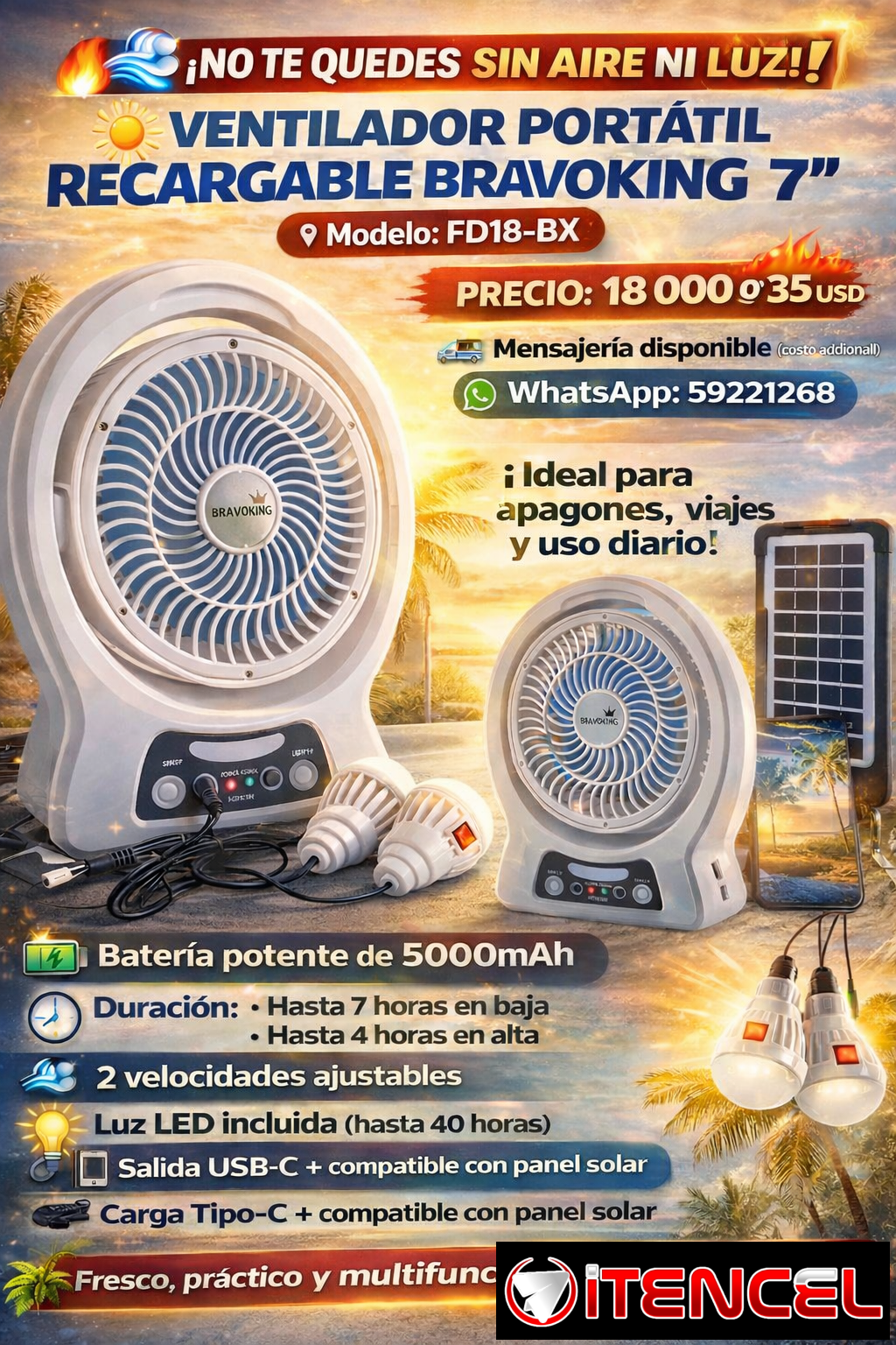 VENTILADOR PORTÁTIL RECARGABLE BRAVOKING DE 7 PULGADAS, MODELO FD18-BX