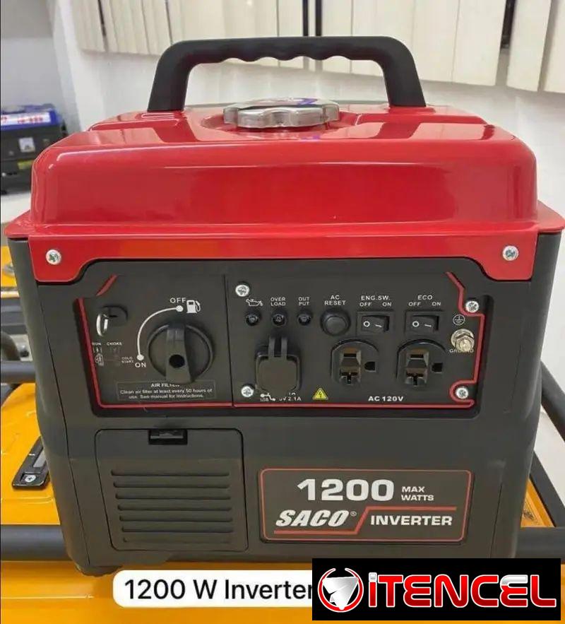Generador eléctrico silencioso portátil inversor a gasolina marca SACO modelo de 1200W.