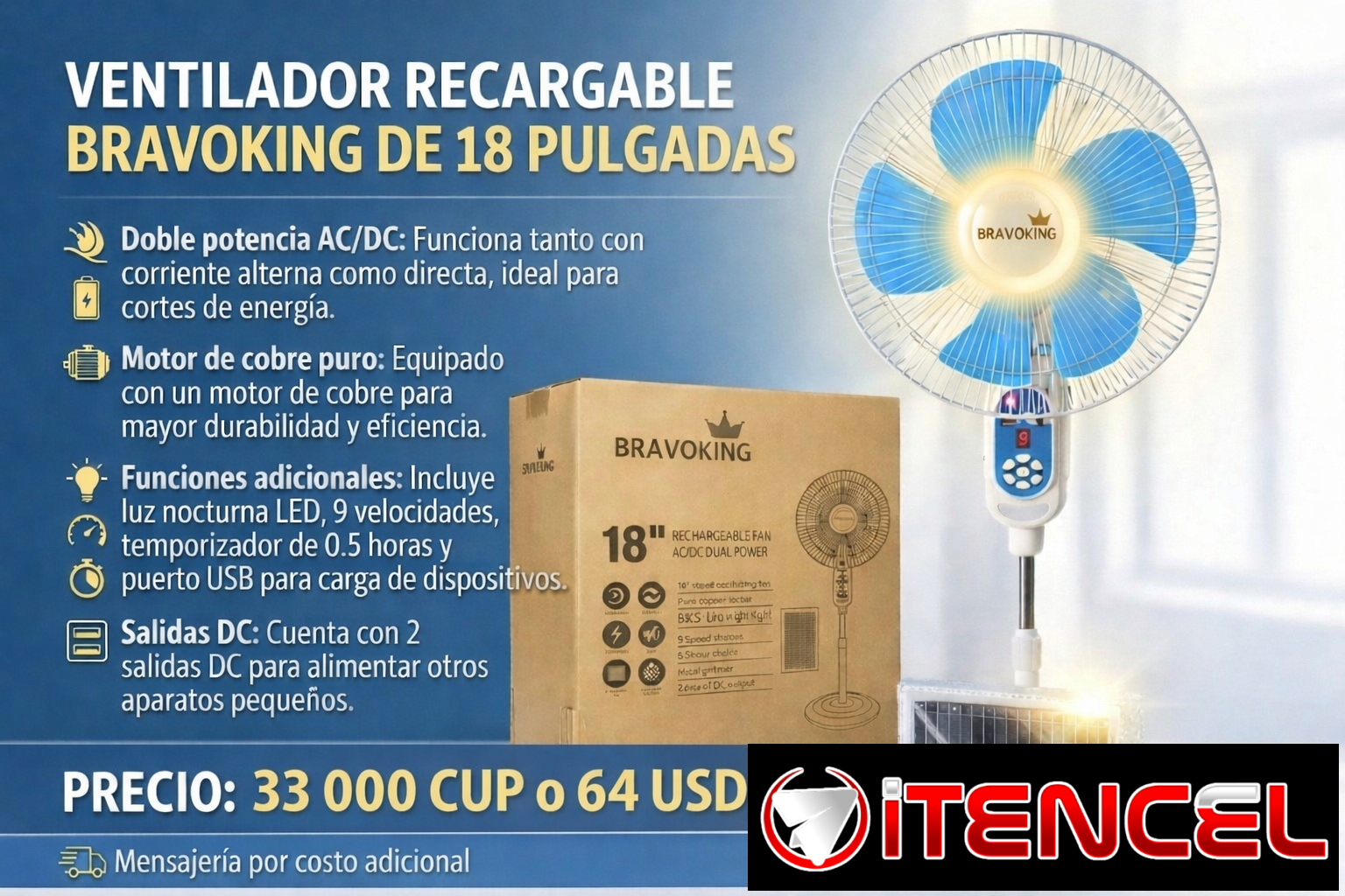 Ventilador Recargable BRAVOKING de 18 Pulgadas