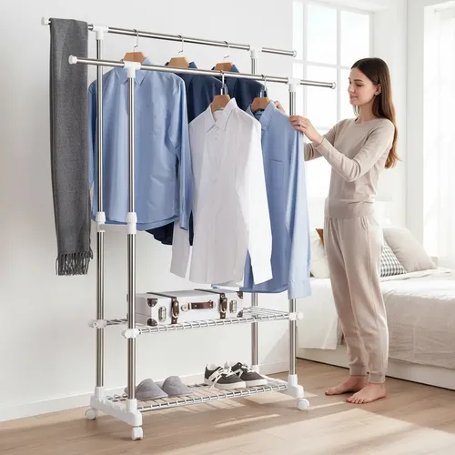 💜Perchero de ropa resistente,completo de hierro, estante de ropa multifunción de metal con estante de almacenamiento, precio 45 us