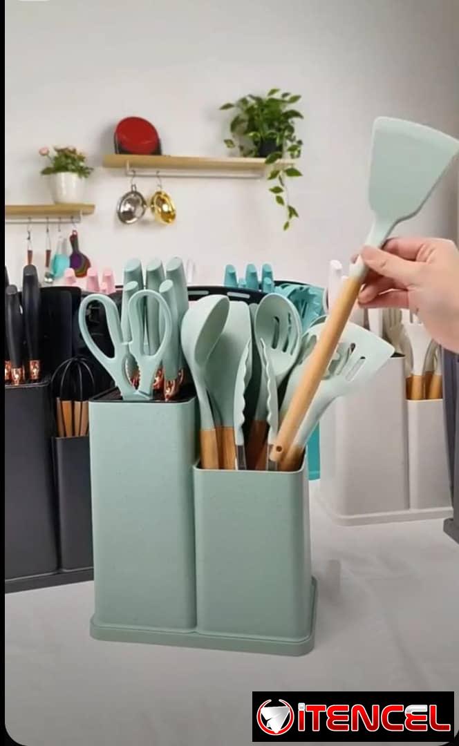 👩🏻‍🍳Set de utensilios para cocina de silicona de 19 piezas, incluyendo la tabla para picar.