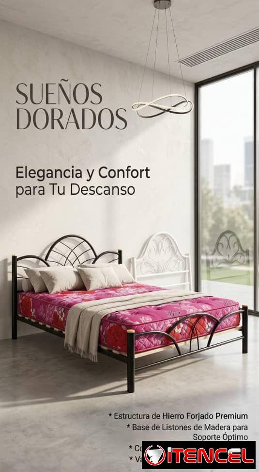 Camas con espaldas de hierro y bastidor de madera, con su colchón nuevo y sus dos mesitas de noche. Reparación de colchones.