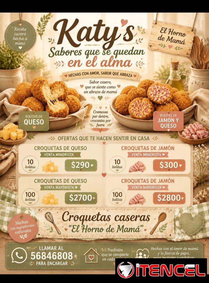 Venta de Croquetas DITU de Pollo, jamón y queso, Bolitas de Queso, Bolitas de Jamón y Queso. Además de vender Panetelas y Cakes.