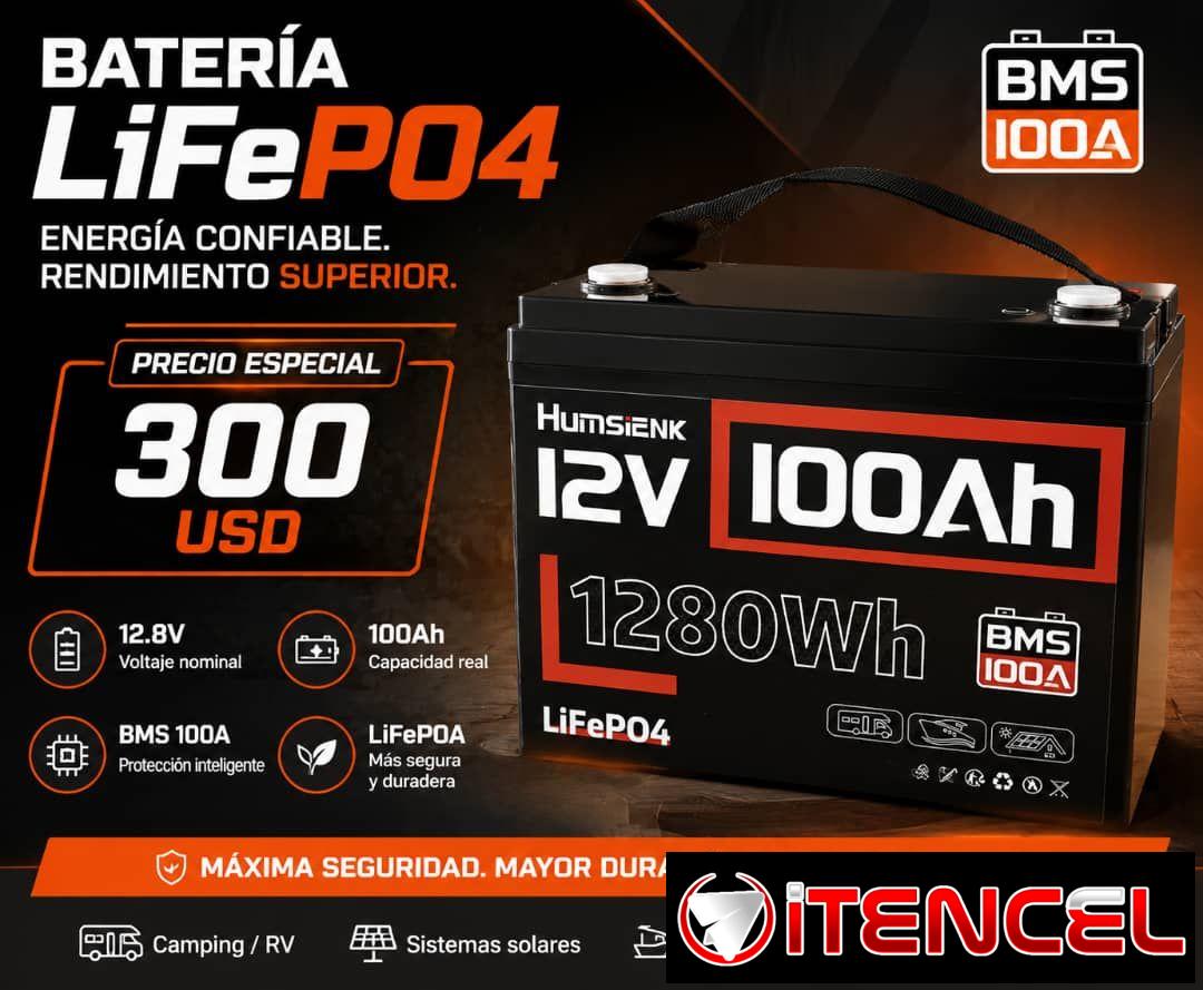 batería HUMSIENK LiFePO4 12V 100Ah (1280Wh):Voltaje nominal 12.8V