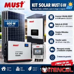 KIT SOLAR MUST 6 KW Energía limpia, confiable y para tu hogar o negocio Inversor híbrido MUST de 6 kW para la 110/220 V MUST Bater