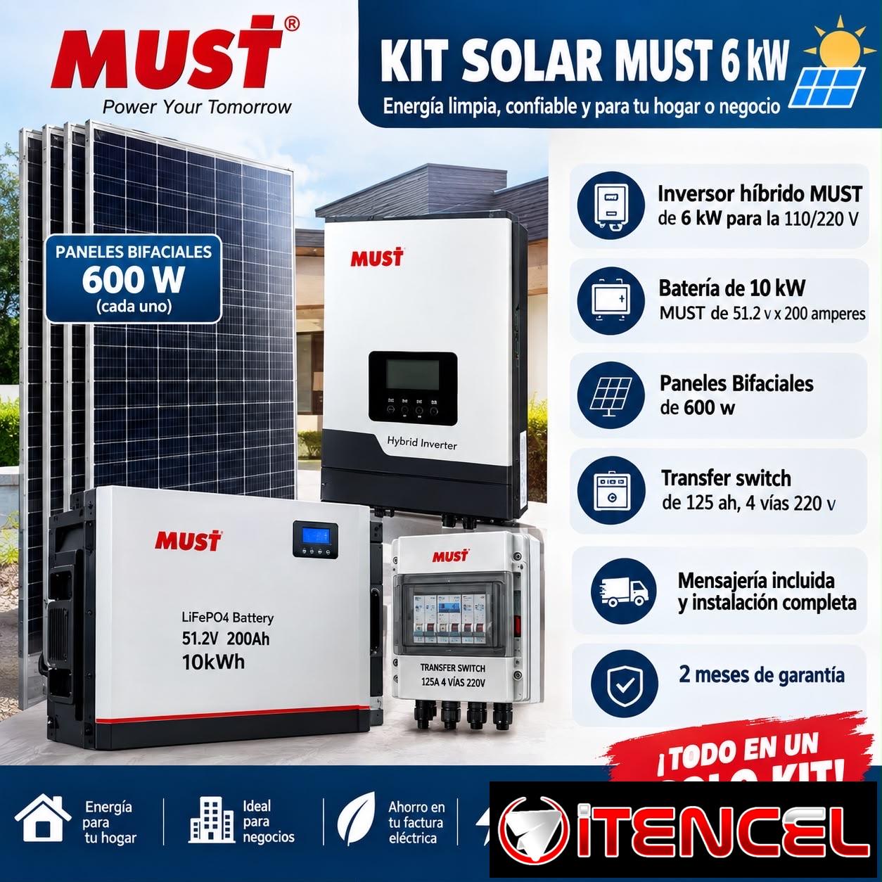KIT SOLAR MUST 6 KW Energía limpia, confiable y para tu hogar o negocio Inversor híbrido MUST de 6 kW para la 110/220 V MUST Bater