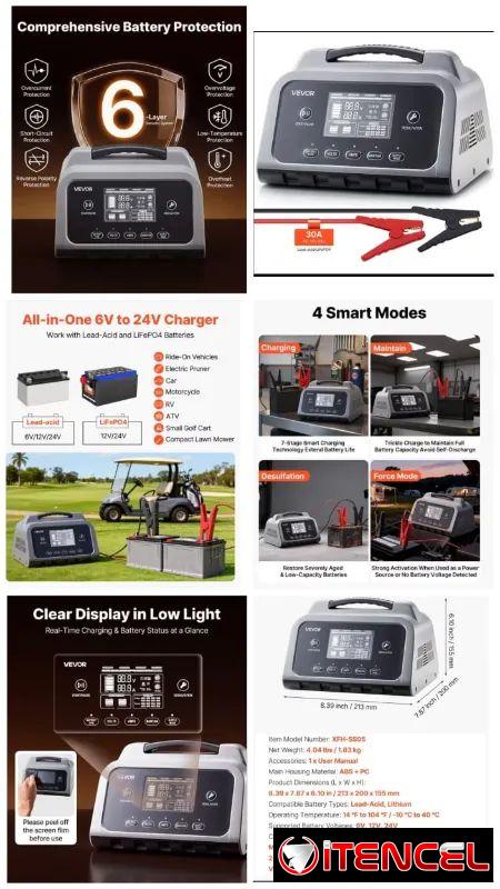 Cargador VEVOR 6v, 12v y 24v, 30A $115