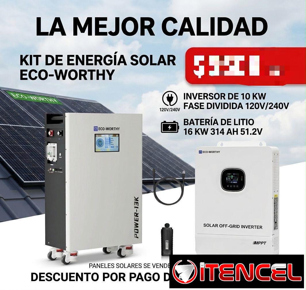 ⚡️KIT SOLAR ⚡️ Inversor eco-worthy de 10 kw Fase dividida 120/ 240v Batería de litio 16 kw 314 ah, 51.2 v 6200 USD 💵 MENSAJERÍA IN