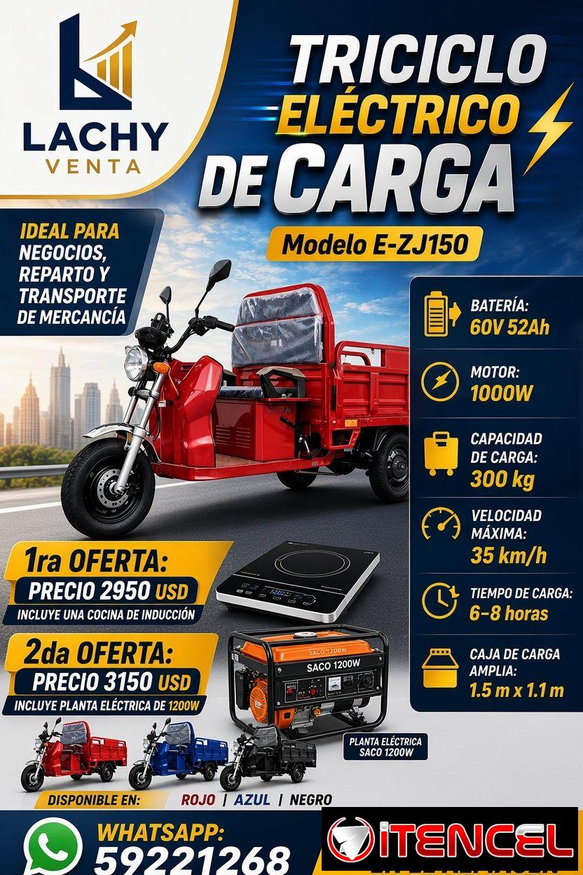 ¡TRICICLO ELÉCTRICO DE CARGA PEQUEÑO – MODELO E-ZJ150! INCLUYE PLANTA ELÉCTRICA SACO 1200W